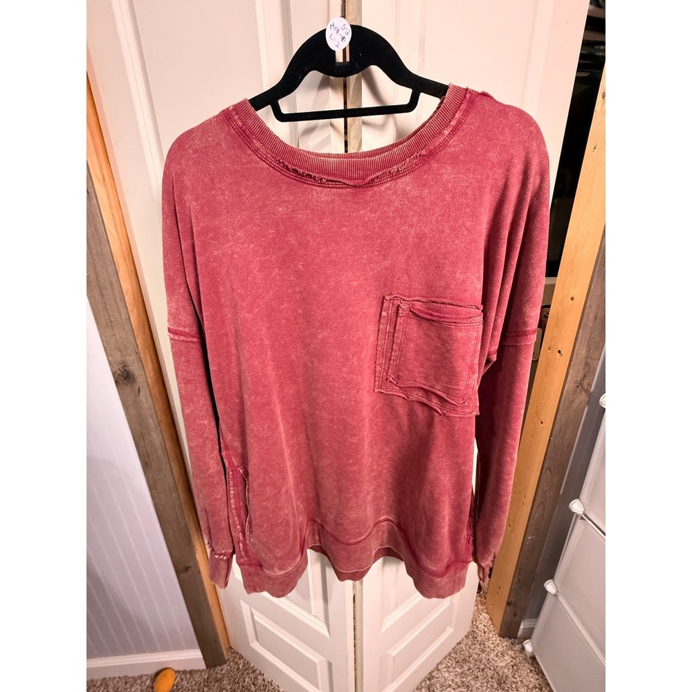 Zenana Acid Wash Sweatshirt Rose Red Oversized Pocket Pullover Top M